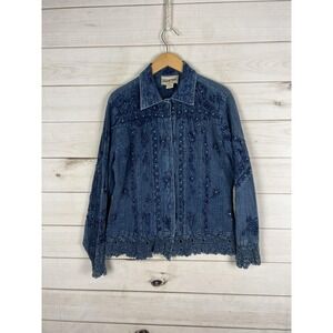UrbanTribe Top Womens XL Blue Denim Embroidered Beaded Lace Trim Floral Boho